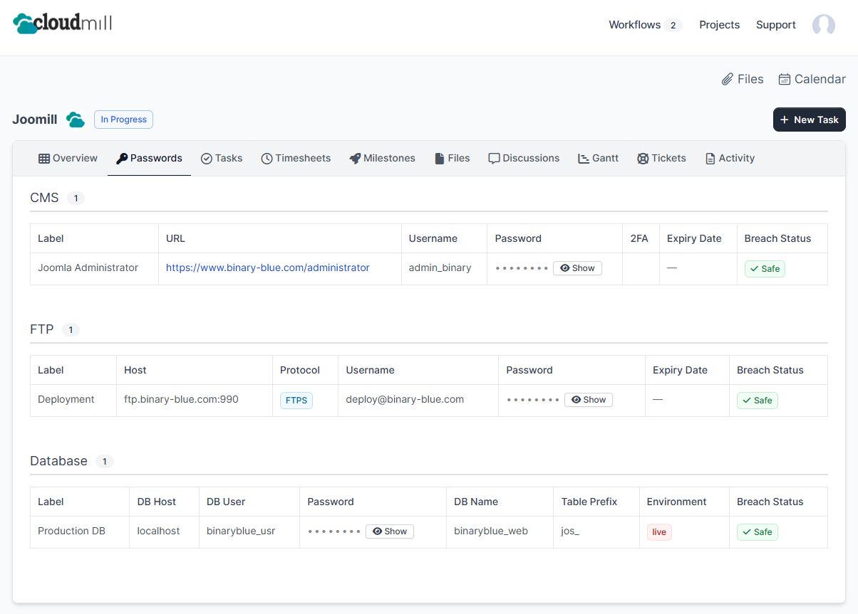 Passwords tab in the client portal