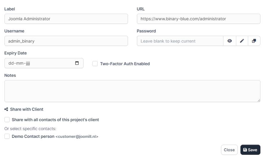 Project passwords in Perfex CRM